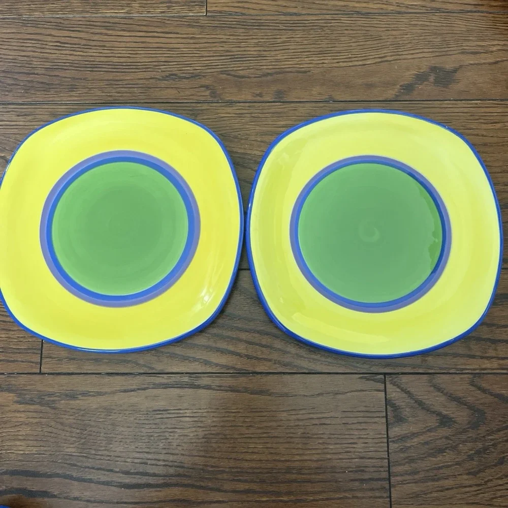 2 Dansk Caribe Aruba Square Salad Plates Green Blue Yellow Purple Hand Painted
